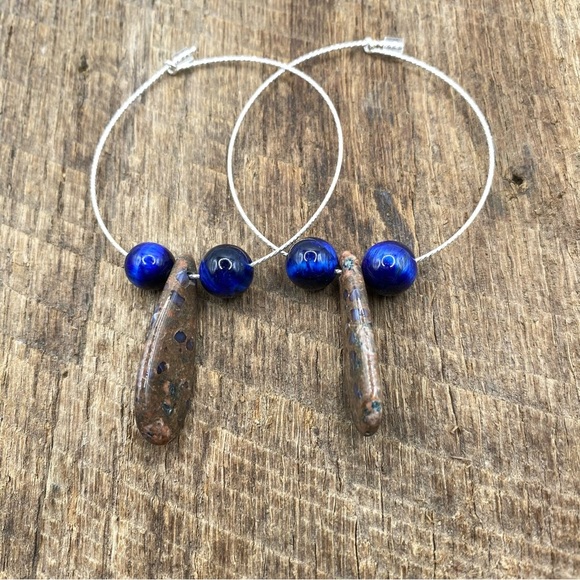 Teardrop Llanite Stone Blue Beaded Sterling Silver Hoop Earrings - Picture 1 of 4